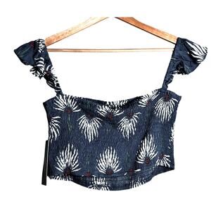 Lulus Trancoso Dusty Blue Tropical Print Smocked Crop Tank Top Size Med
